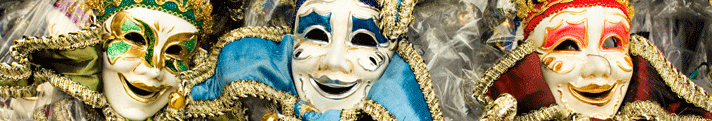 image of drama masks that are green, blue, and red that are smiling