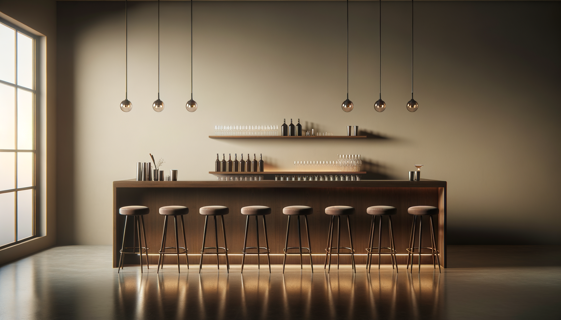 Un bar minimaliste avec huit tabourets en face, un comptoir en bois avec des bouteilles et des verres sur deux étagères, et des suspensions en métal suspendues au plafond, éclairage doux, grande fenêtre laisser passer la lumière naturelle.