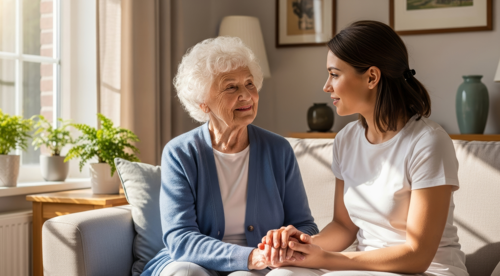 A young woman and an elderly woman sit on a beige sofa, holding hands and looking into each other's eyes, in a cozy living room with natural light and green plants by the window.
