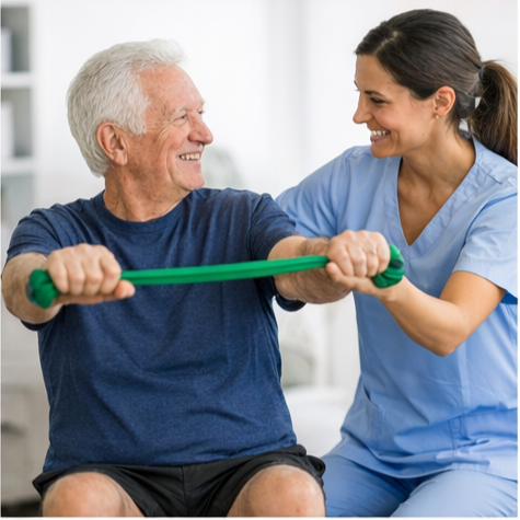 Rehabilitation assistant helping elderly man with resistance band exercise. All exercises programs are based on a physiotherapist's assessment.