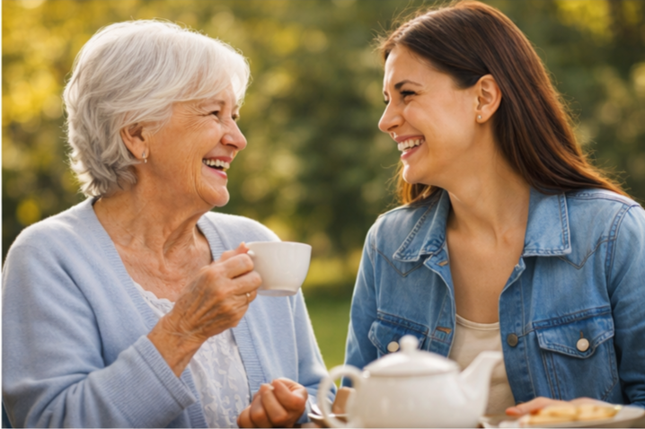 An elderly woman and a young woman smiling and talking while having tea outdoors. Offering senior companionship, session tailored to each individual. Conversations and tea outside, enjoying some good laughs.