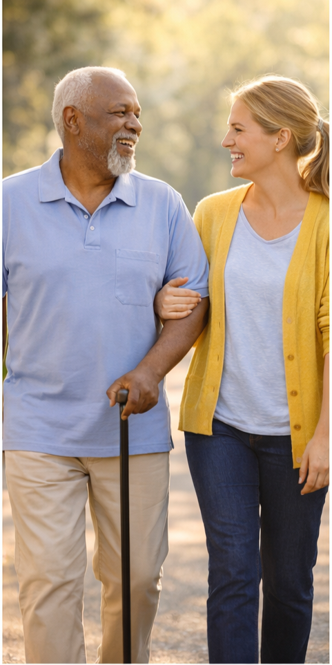 An elderly man and a young woman walking outdoors together, smiling and enjoying each other's company.