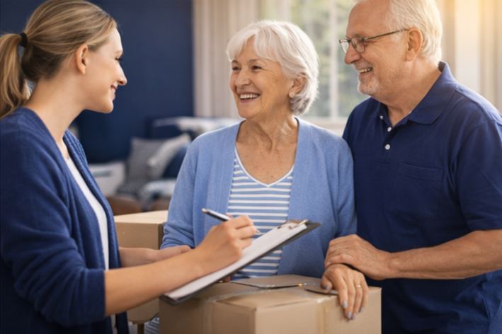 Young woman with a clipboard handing over a package to an elderly smiling couple in a cozy living room.