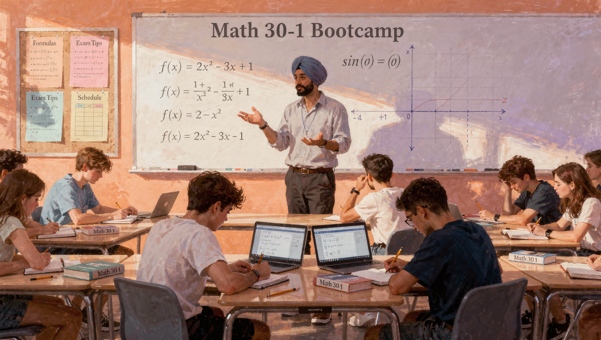 A classroom scene where a male teacher with a turban is giving a math lesson to students seated around a U-shaped table. The blackboard behind him displays mathematical equations and a graph, and students are taking notes or using laptops.