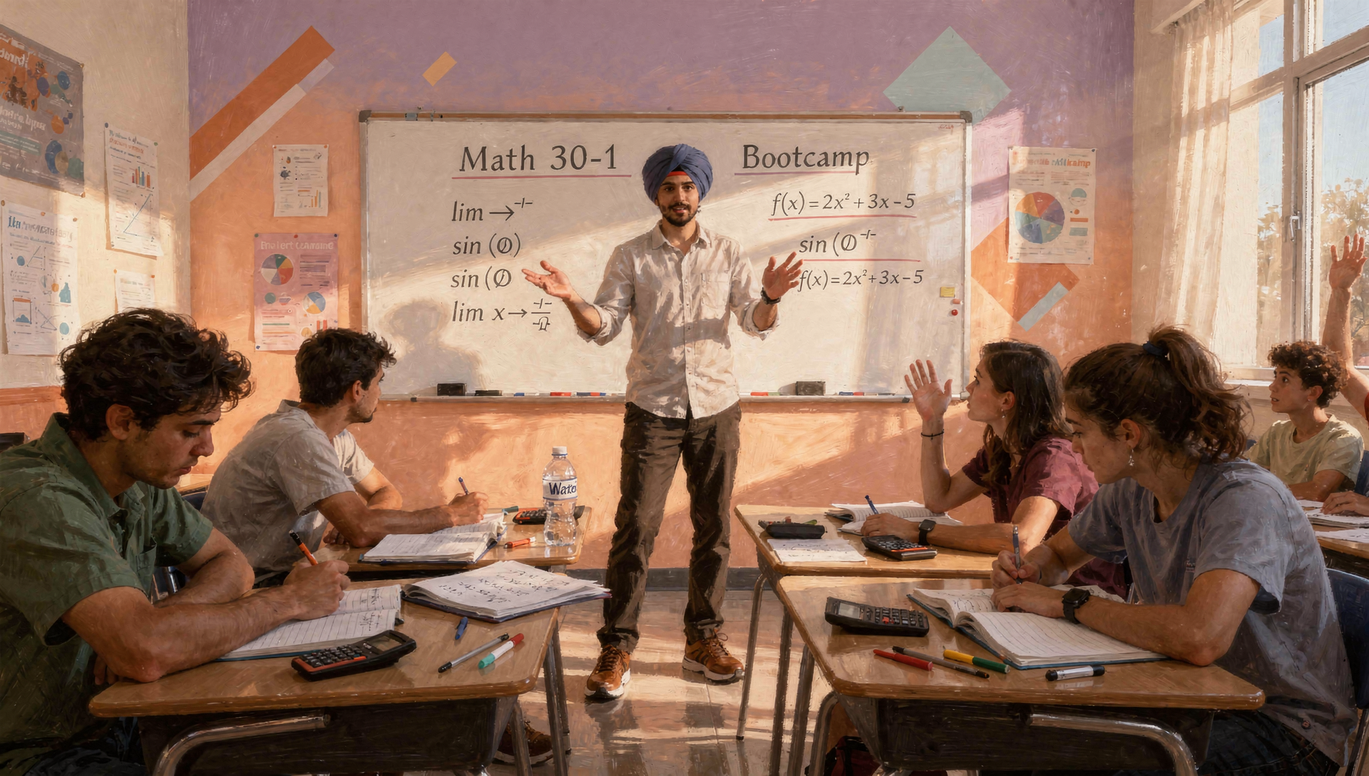 A classroom scene with students sitting at desks and paying attention to a teacher standing at the front. The teacher is gesturing with hands near a whiteboard with math equations and notes, while students are taking notes, raising hands, or listening attentively.