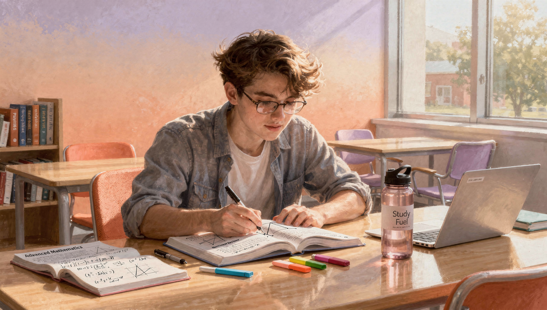 A young man with glasses, wavy brown hair, and a gray jacket studying at a wooden table with notebooks, highlighters, and a water bottle labeled 'Study Fuel' in a room with large windows and lavender walls.
