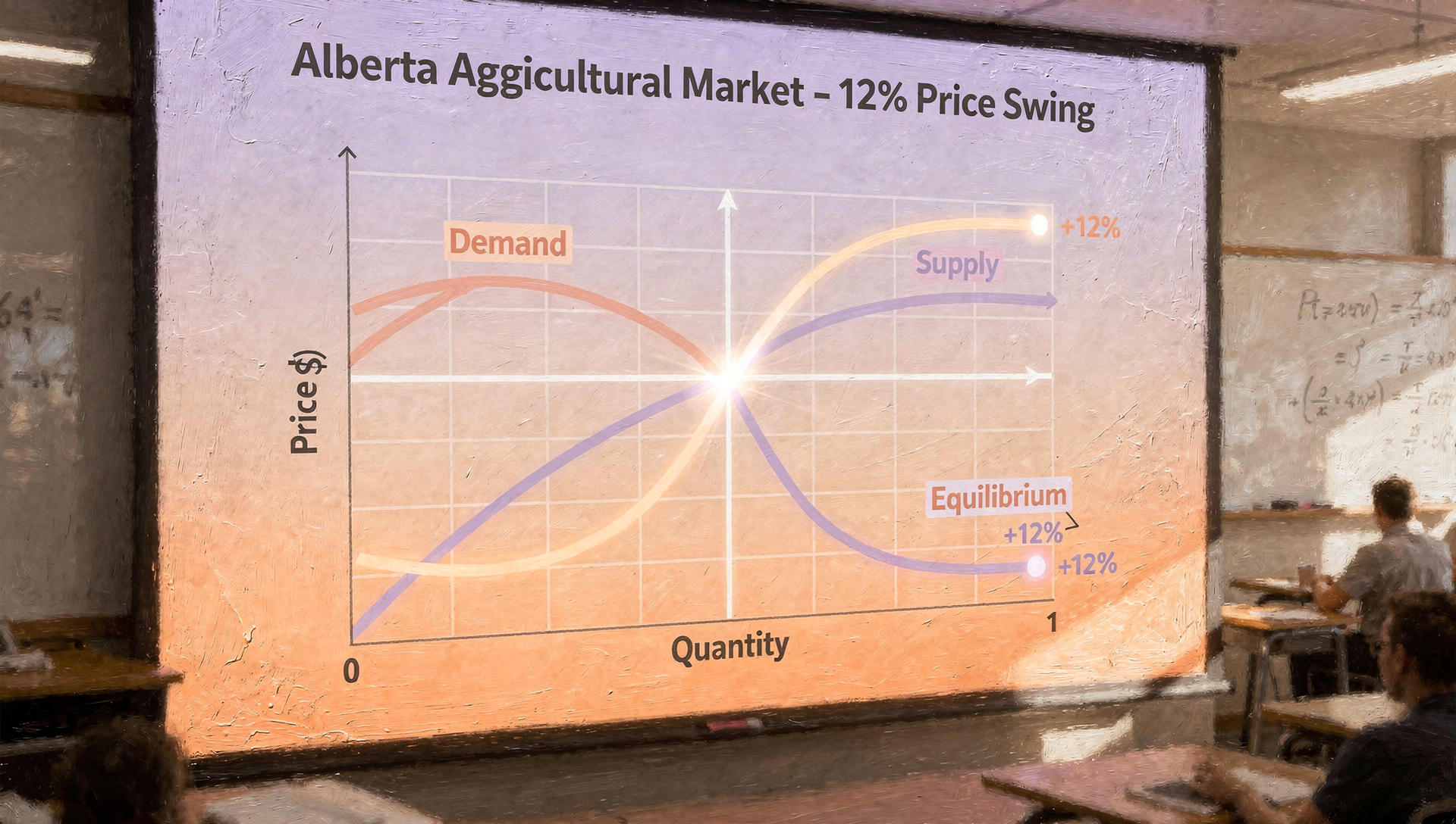 Graph showing the demand and supply curves at the Alberta Agricultural Market with a 12% price swing, illustrating equilibrium and price changes.