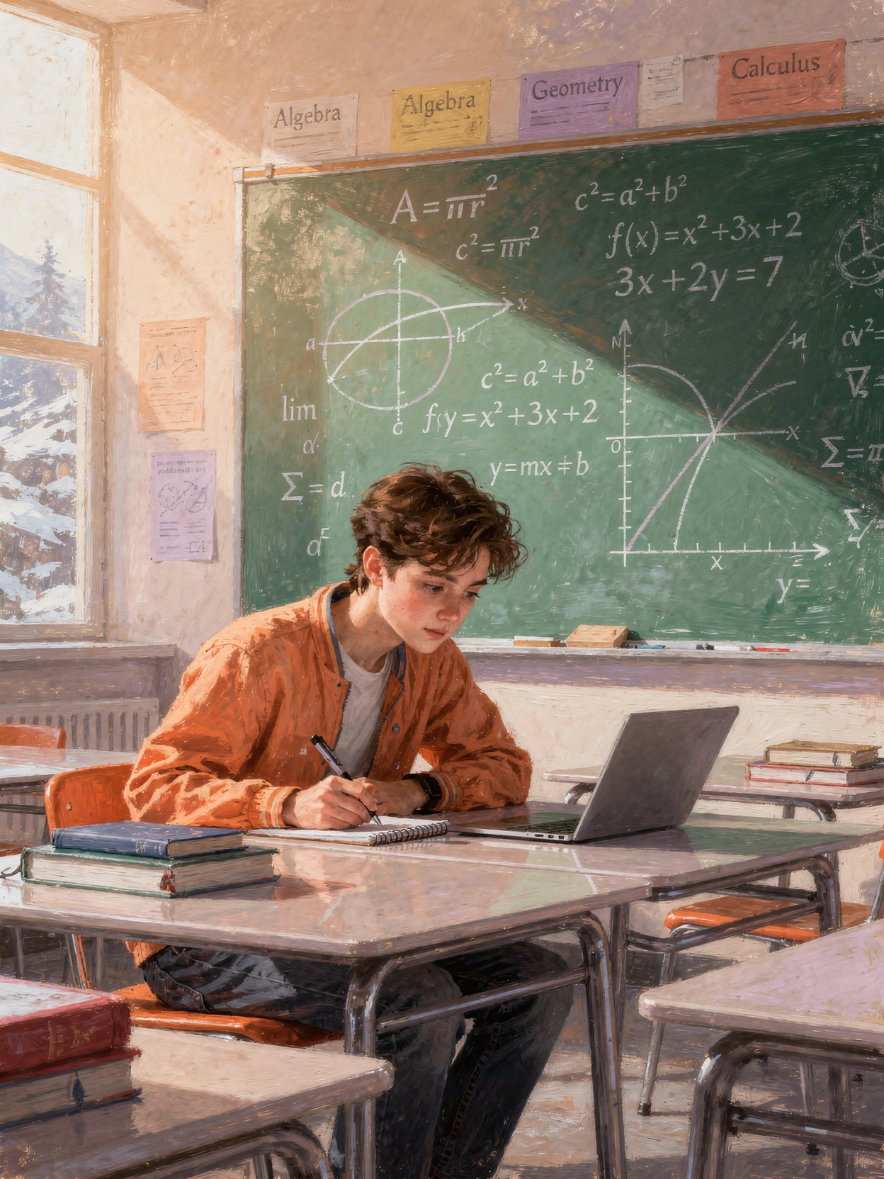 A teenage boy in an orange jacket sitting at a school desk, working on a laptop and taking notes, in a classroom with a chalkboard filled with math diagrams and equations, books on the desk, and posters about algebra, geometry, and calculus on the wall.
