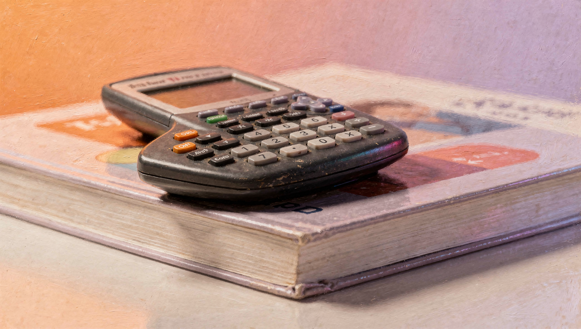 A calculator resting on a closed book on a desk.