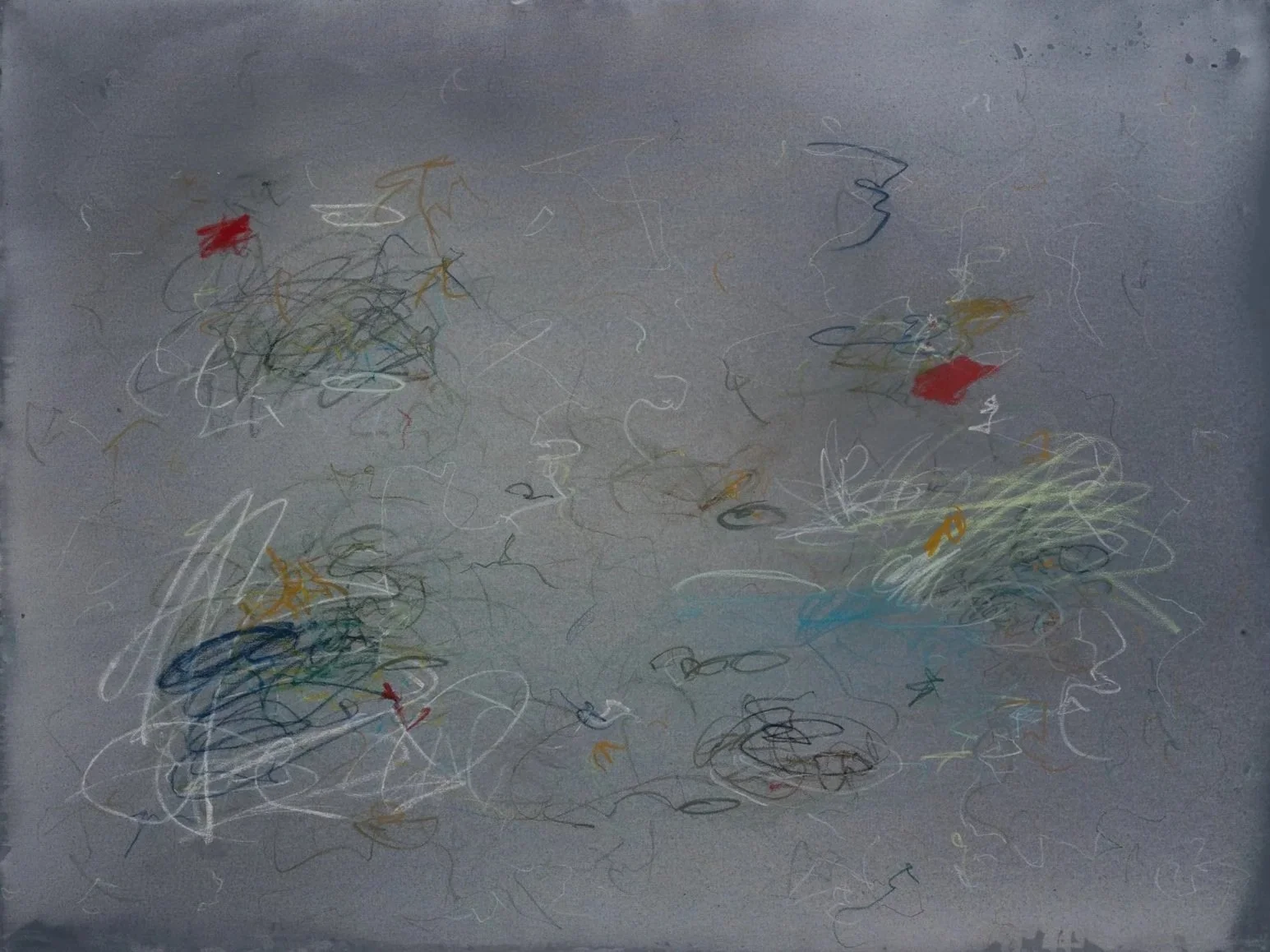 Abstract drawing with colorful scribbles and lines on a gray background, featuring random swirls and small red patches.