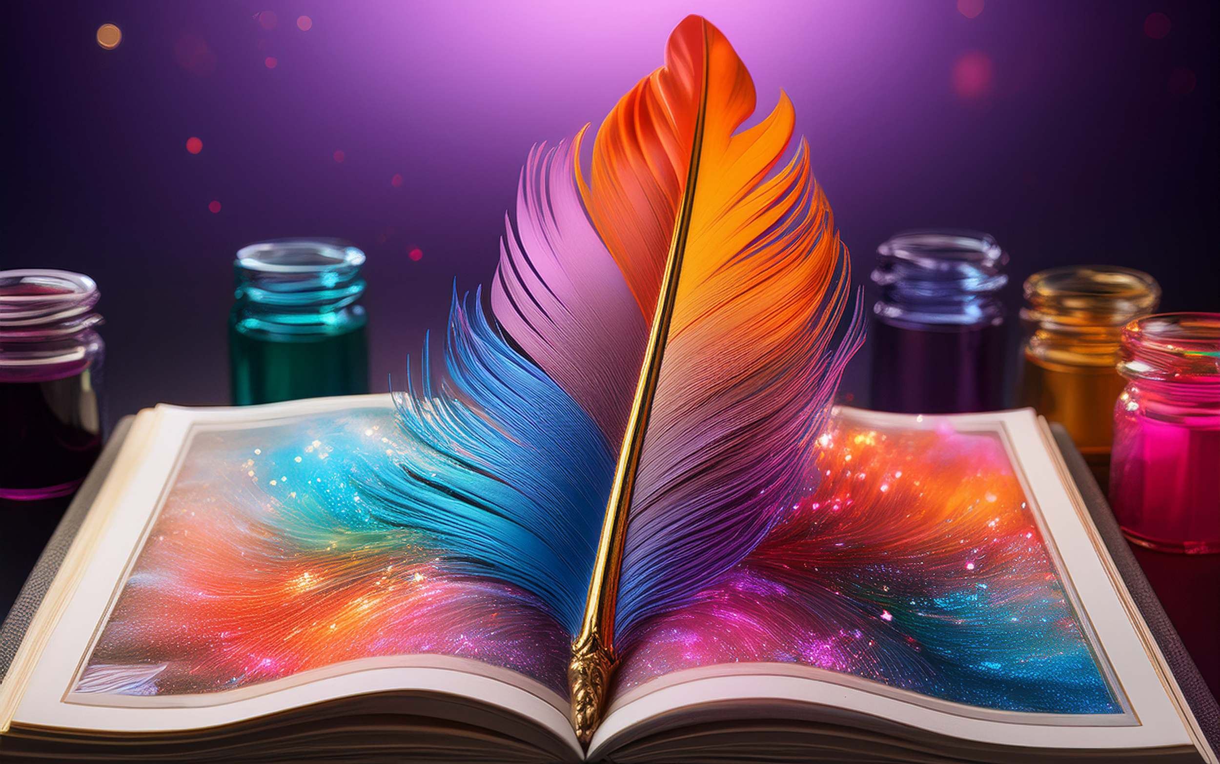 Ein aufgeschlagenes Buch mit bunten, leuchtenden Farben und einem bunten Feder in der Mitte, umgeben von kleinen Farbflaschen auf einem dunklen Hintergrund.