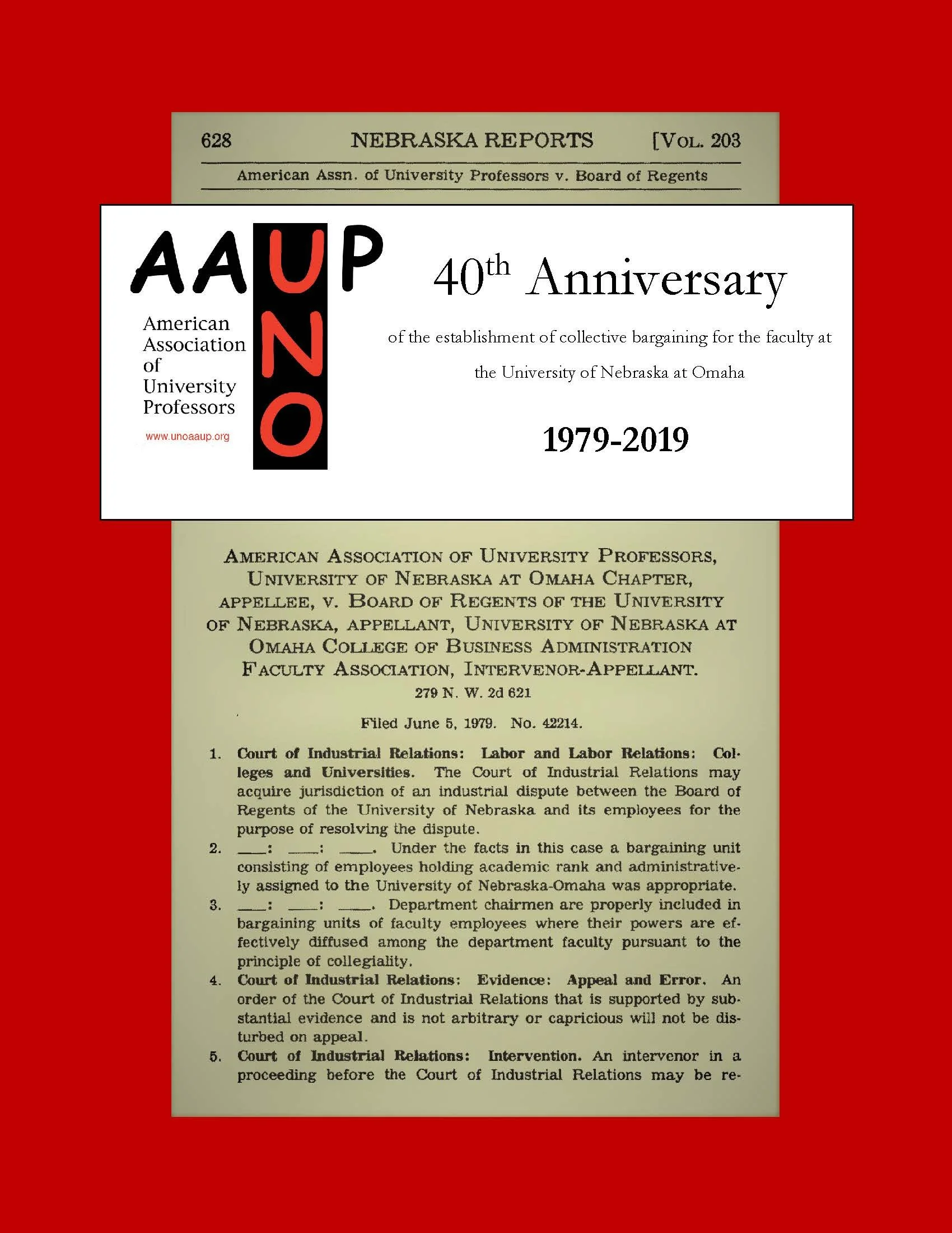 A page from a legal or academic document with the title 'NEBRASKA REPORTS' and a section celebrating the 40th anniversary of the American Association of University Professors, including dates 1979-2019, on a red background.