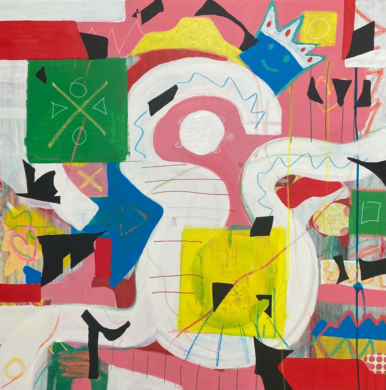 Evolving (1) 2026, acrylic, ink, collage on canvas – 80 x 80 cm