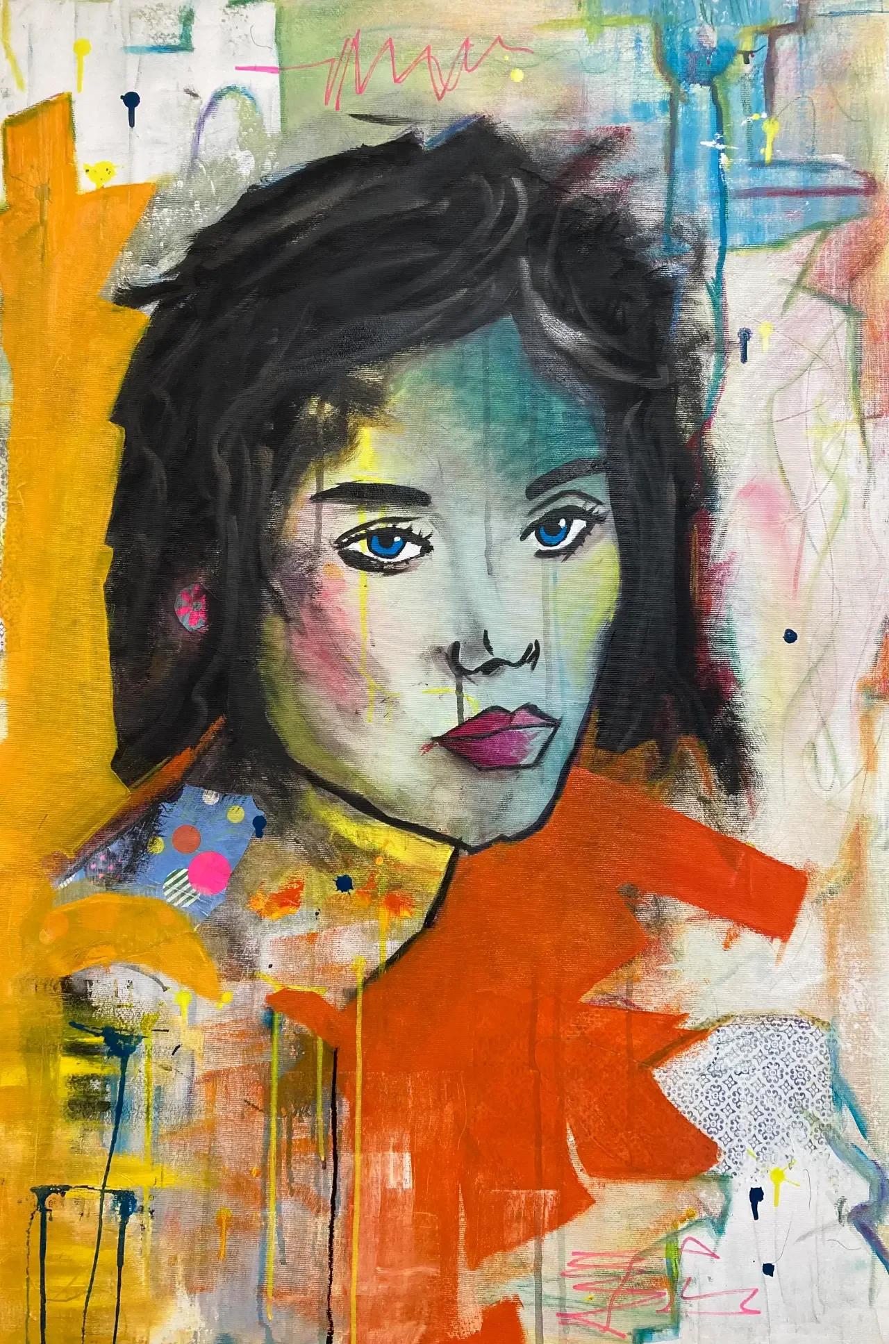 Self reflection 2026, oil paint, acrylic, ink, collage on canvas – 90 x 70 cm