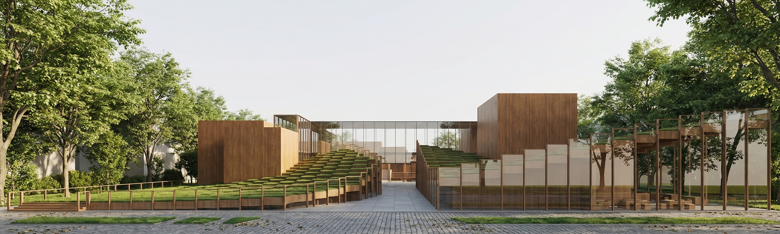 Pixel Island pavilion for World Expo 2030 Busan: Front view showing parametric timber hills, pixelated roofscape, and glass bridge gallery.