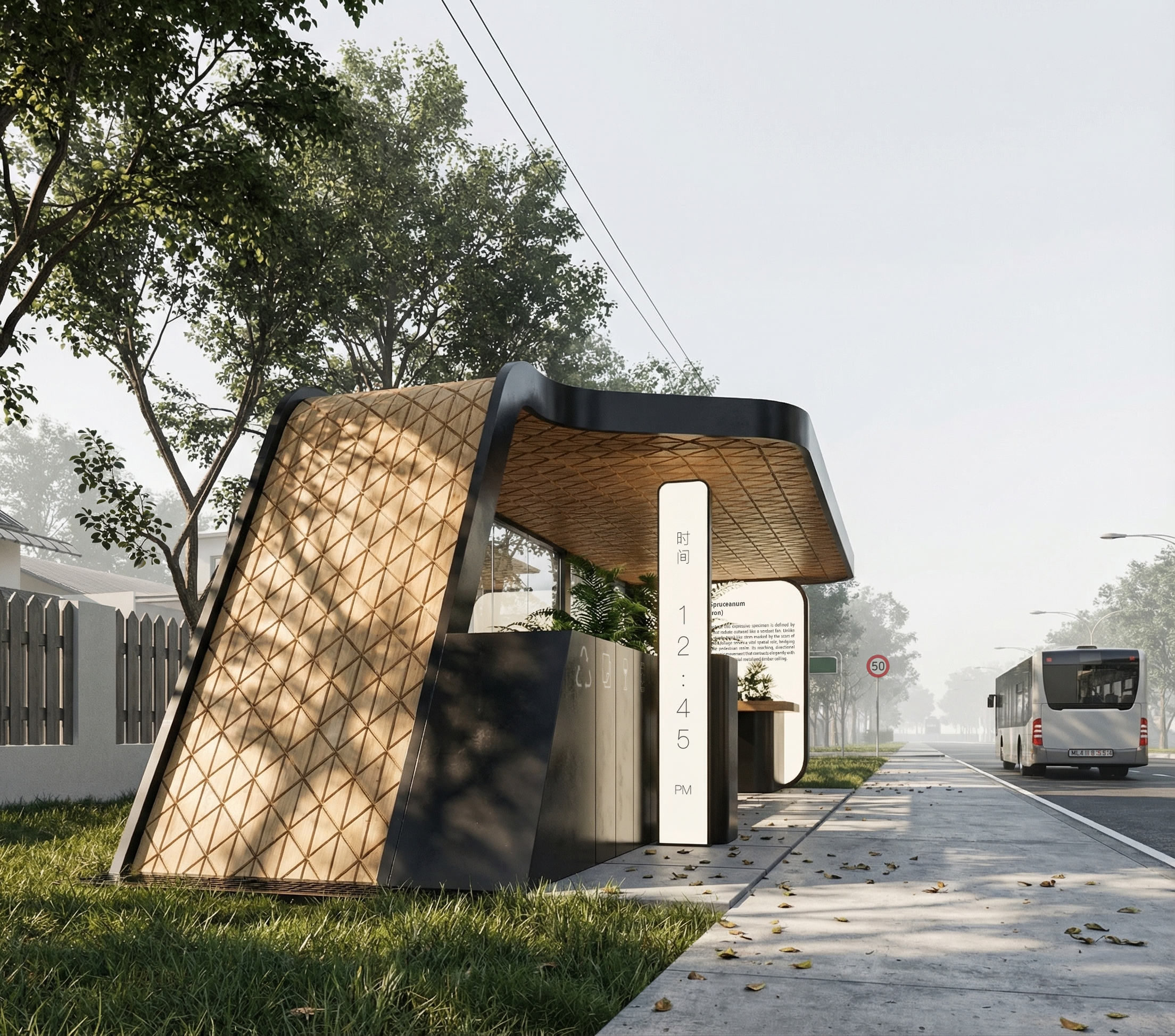 Side view of Dialogue Station in Kuching: Parametric timber geometry, integrated digital clock, and tactical urban infrastructure for Sarawak commuters.