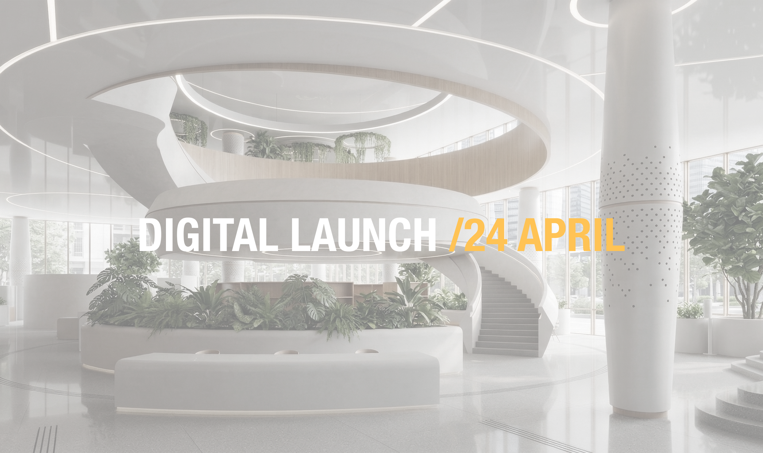 KOY_LAB Architects digital launch announcement overlaying a minimalist biophilic office interior rendering with a white spiral staircase.