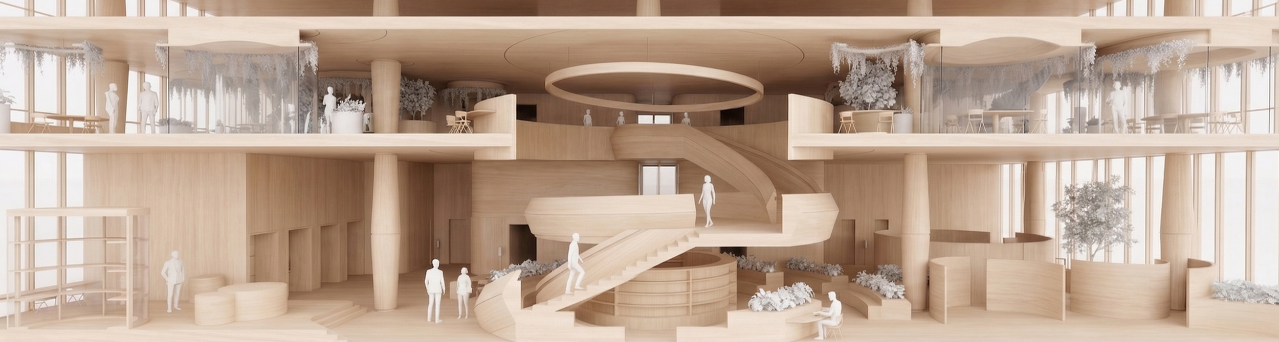 Timber section model of Monolith Air-Grid showing triple-volume atrium, curved social staircase, and perforated HEPA-filtration columns.