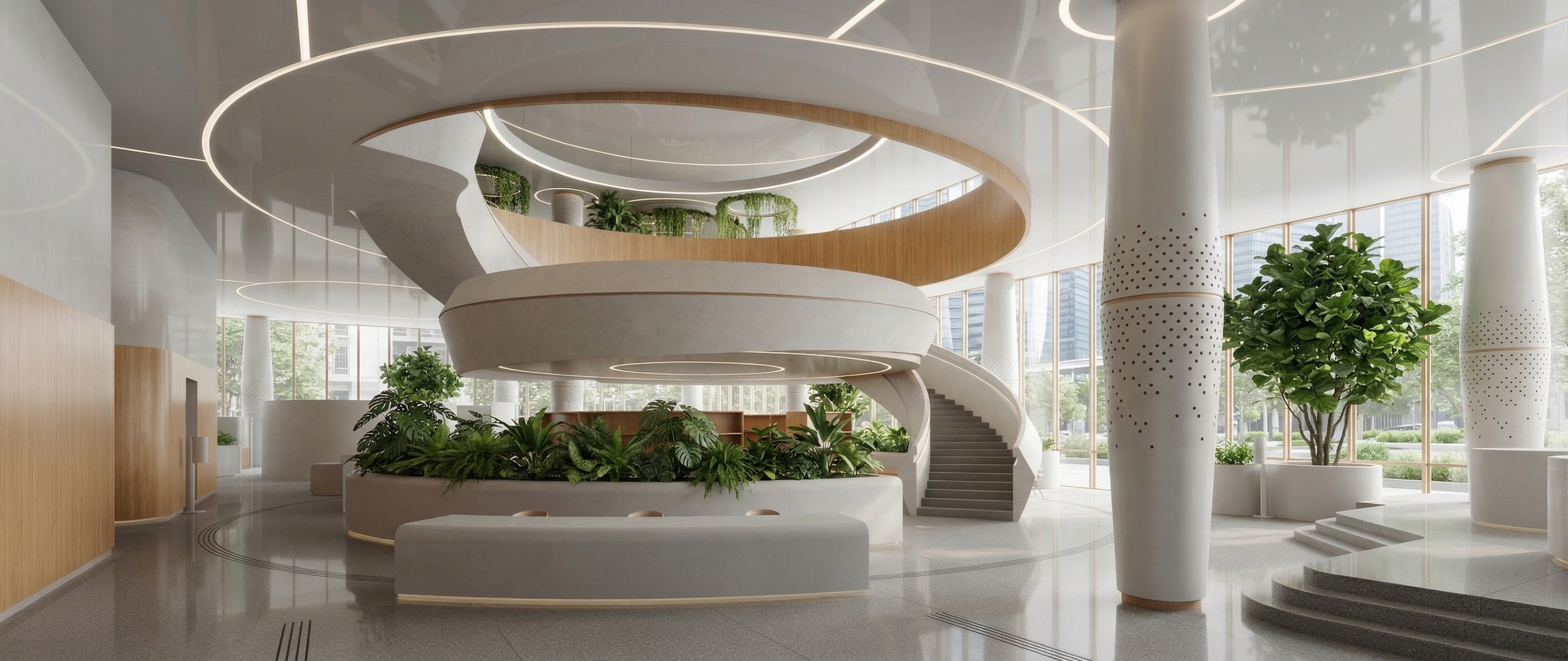 Architectural research prototype showing a biophilic office lobby with a spiral staircase meeting node designed for social synergy and workplace wellness.