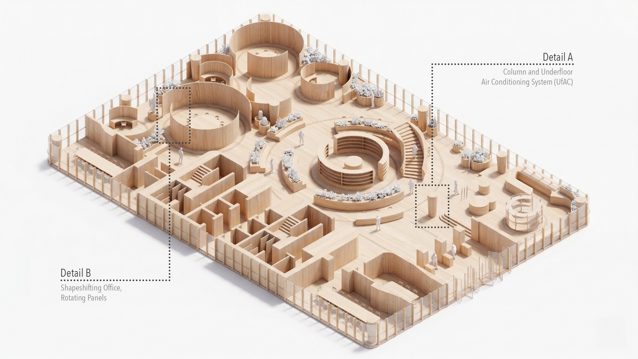 Timber axonometric model of Monolith Air-Grid showing UfAC system and shapeshifting office logic with rotating kinetic panels for spatial agility.