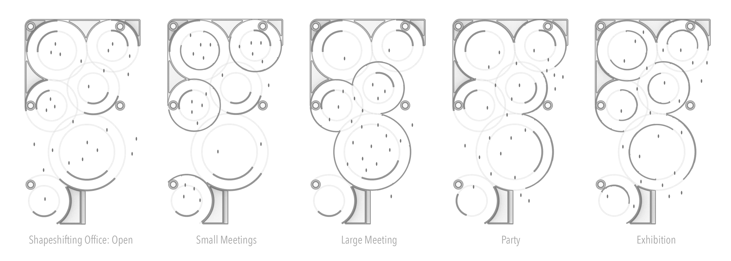 Monolith Air-Grid diagram showing shapeshifting office configurations for open plan, meetings, parties, and exhibitions using kinetic partitions.