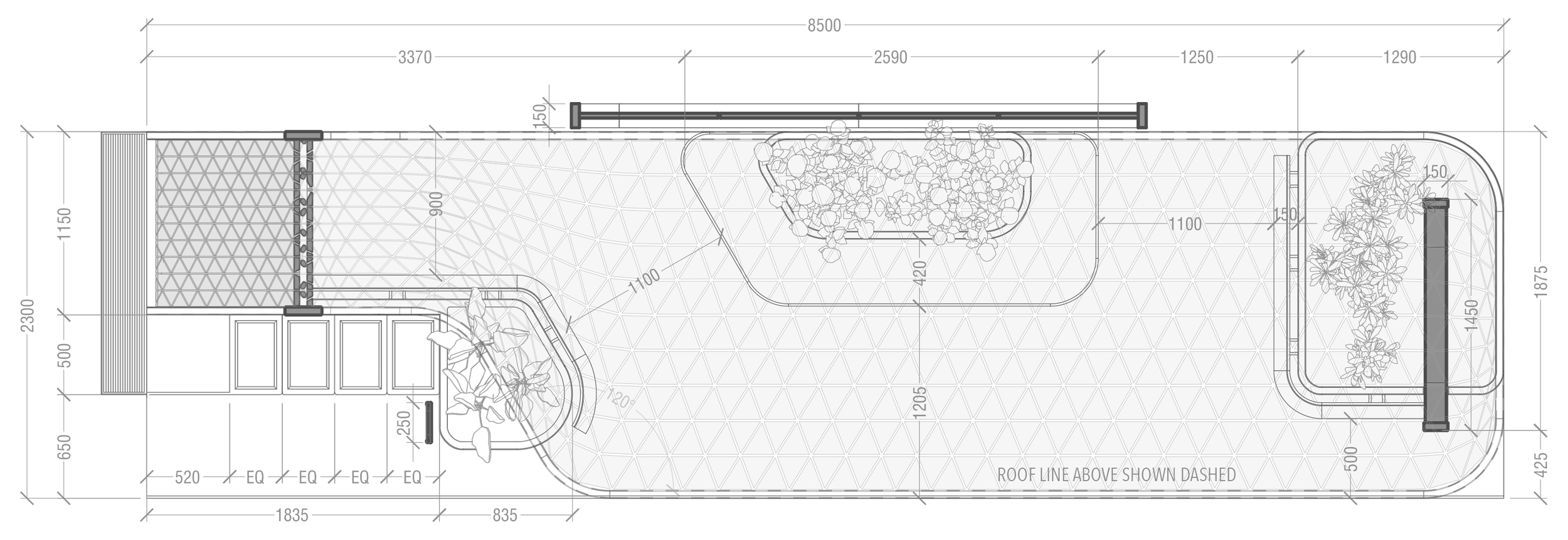 Architectural floor plan of Dialogue Station in Kuching: Technical layout showing clustered seating, biophilic planters, and roof line geometry.