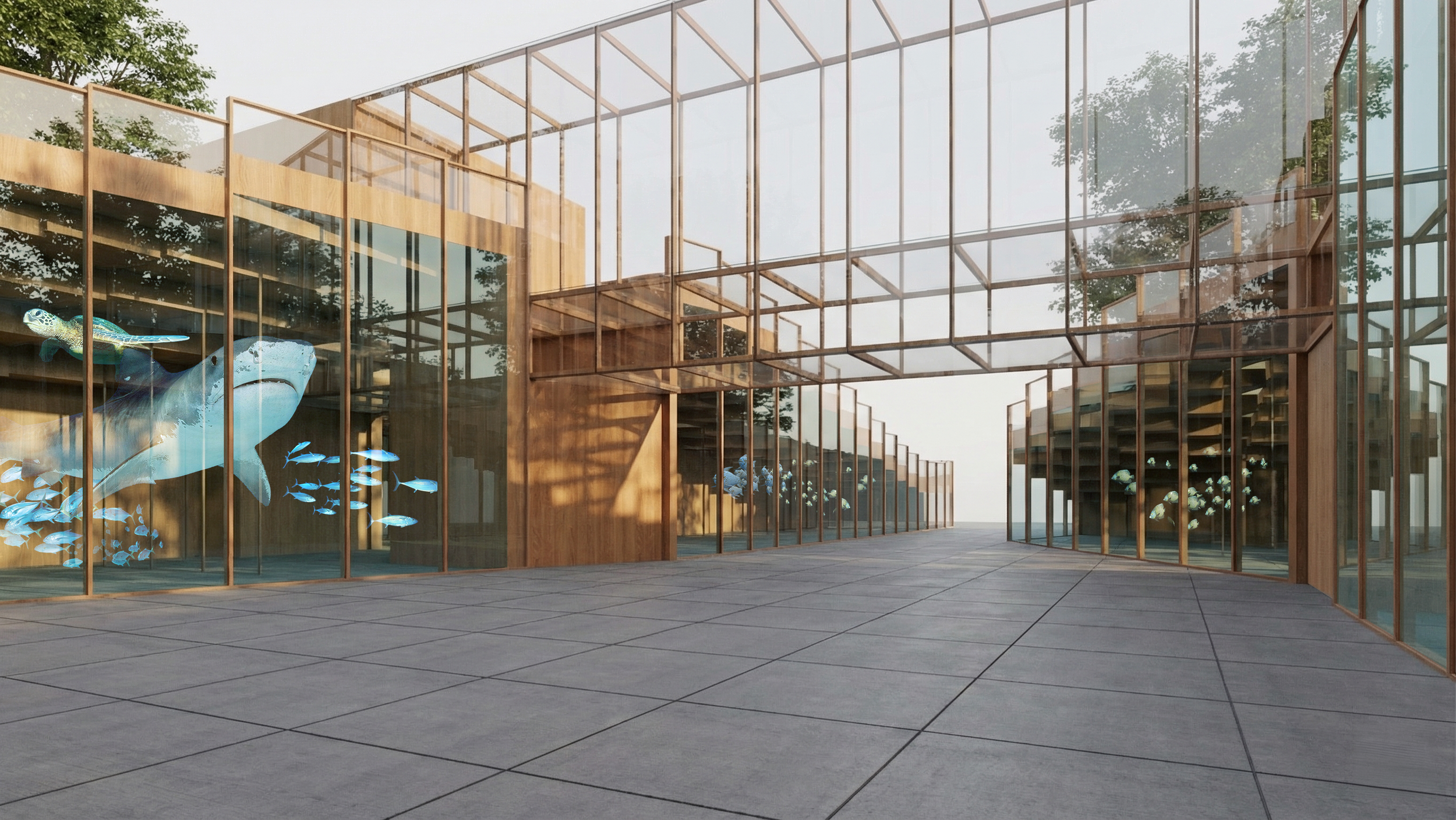 Digital aquarium at Pixel Island Busan: Interactive LED glass facade showing virtual marine life and a transparent glass bridge over the central plaza.