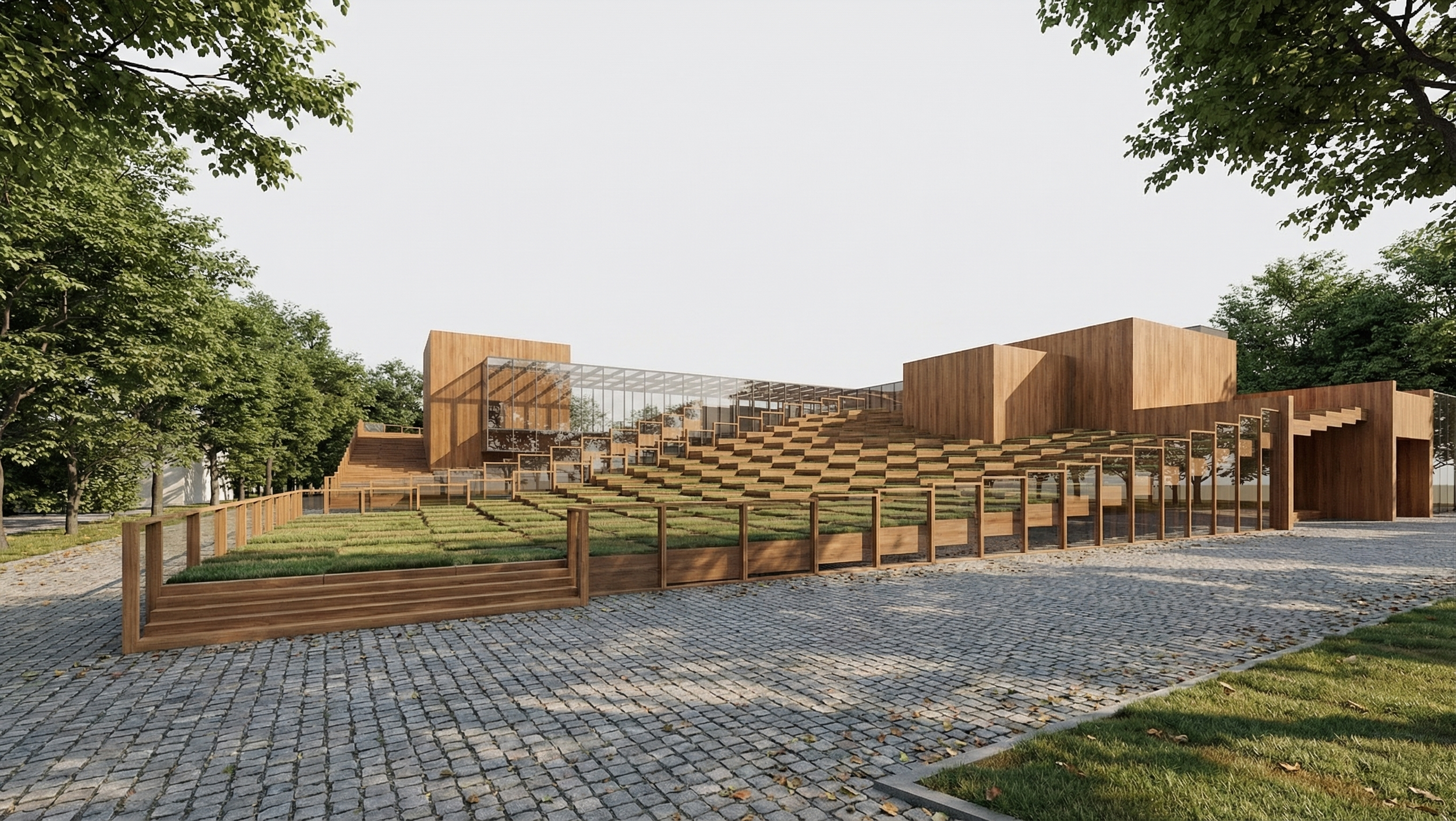 Pixel Island in Busan: A parametric roofscape of pixelated timber and grass hills designed for urban farming and panoramic views of the North Port.