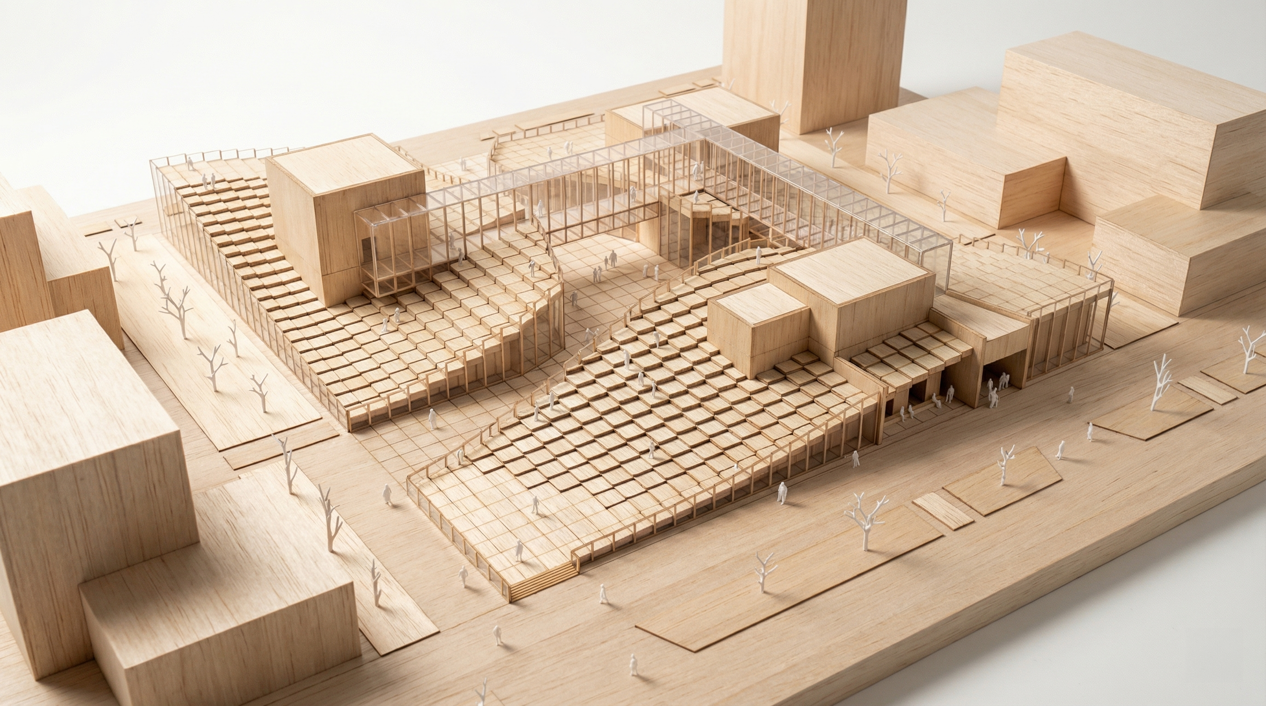 Timber architectural model of Pixel Island Busan: Bird’s-eye view showing pixelated roof topography, glass bridges, and World Expo pavilion plaza.