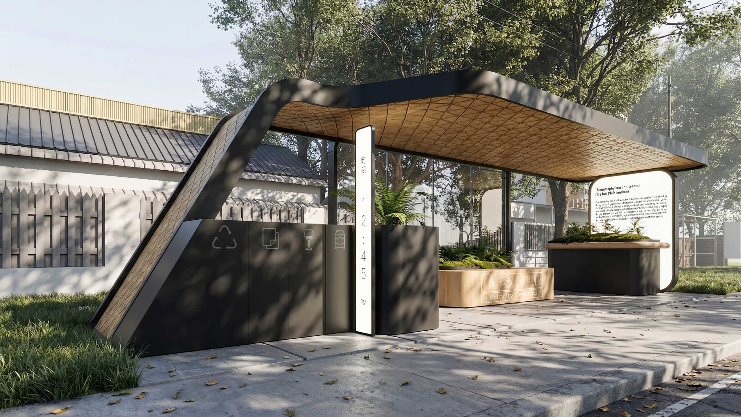 Dialogue Station in Kuching: Modern bus stop with a parametric timber ceiling, integrated herbarium planters, and ergonomic leaning bars for urban wellness.
