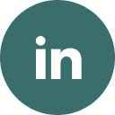 LinkedIn logo with white lowercase 'in' on a circular dark teal background.