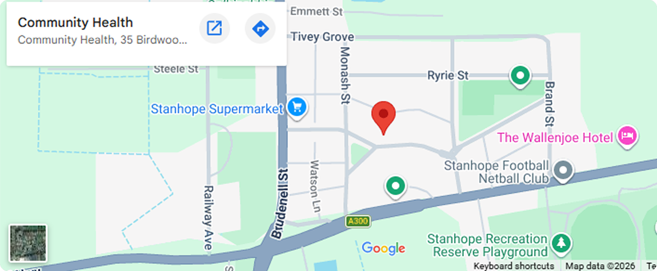 Map showing the location of Community Health at 35 Birdwood, near Stanhope Supermarket, Stanhope Footbal Netball Club, The Wallenjoe Hotel, and Stanhope Recreation Reserve Playground in Stanhope, with nearby streets like Ryrie St, Monash St, and Bridge St.