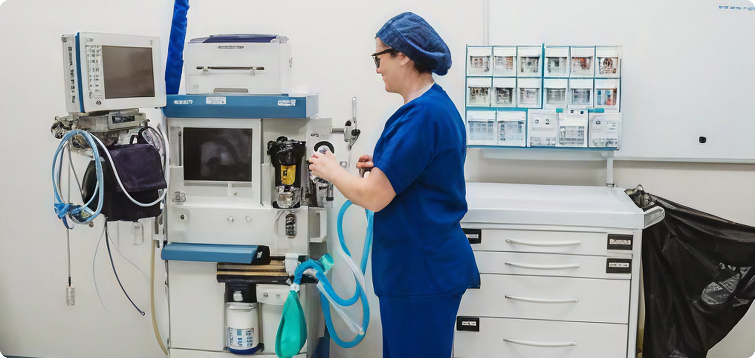 Healthcare worker in blue scrubs and cap operating medical equipment in a hospital room.