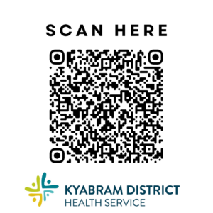 QR code with text 'SCAN HERE' and the Kyabram District Health Service logo below.