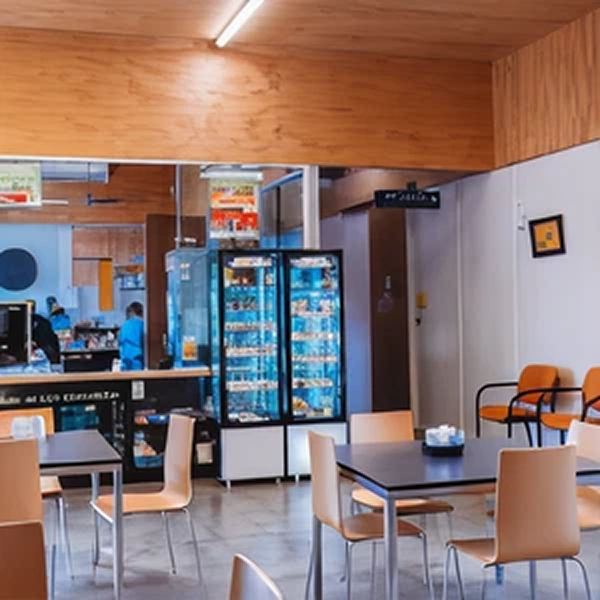 A cafeteria with tables and chairs, a glass refrigerator filled with snacks and drinks, and some people working or shopping in the background.
