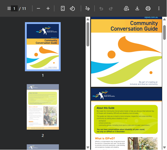 Cover page of a Community Conversation Guide with abstract blue, orange, yellow, and green shapes and a logo of a bird in flight.