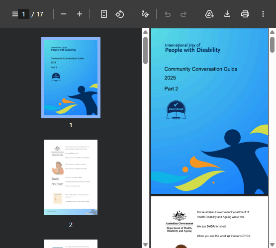 Cover page of a community conversation guide titled "International Day of People with Disability 2025 Part 2," featuring a stylized figure with colorful swooshes.