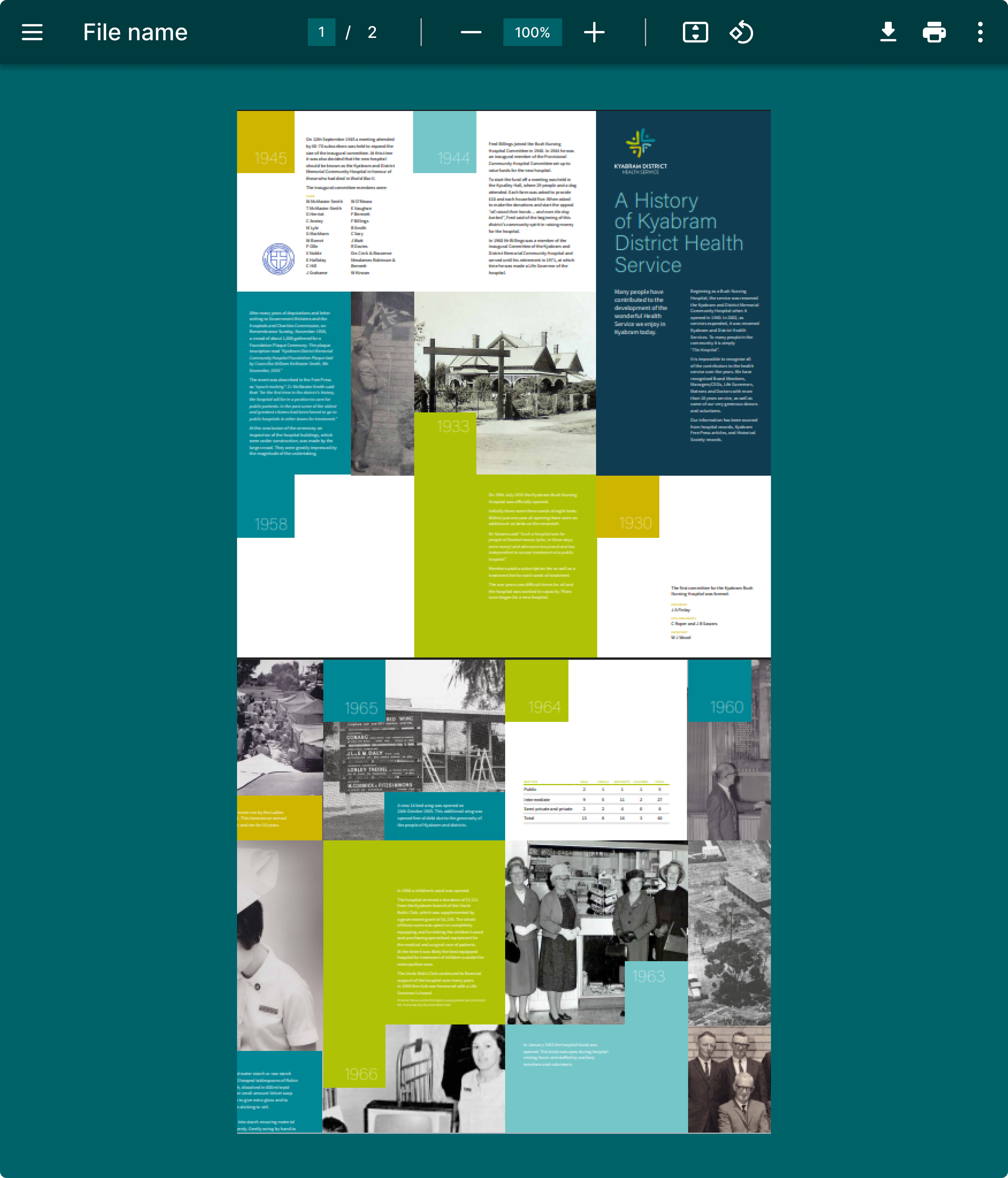 A digital collage depicting the history of Kyabram District Health Service, including photos, timelines, and text about its development from 1930 to 1966.