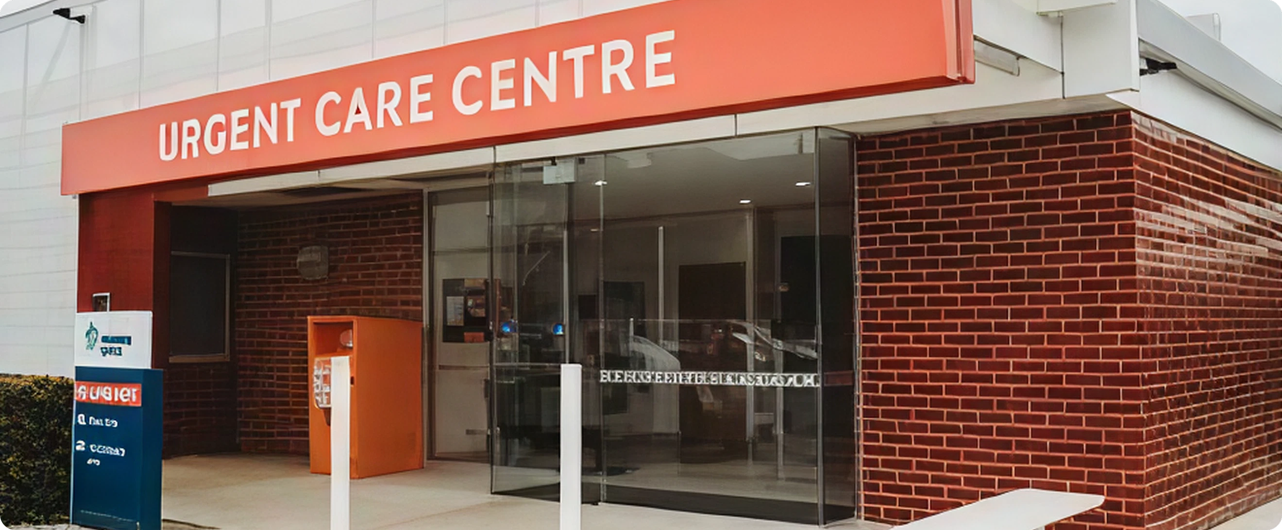 Exterior of a building with a large orange sign that says 'Urgent Care Centre'