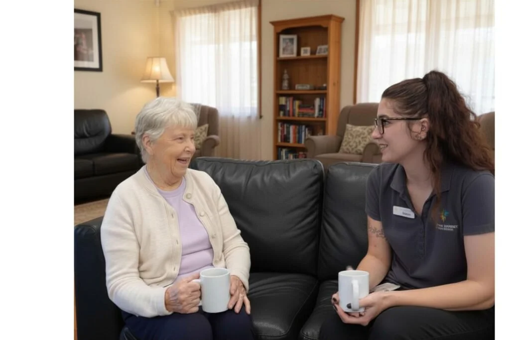 An elderly woman and a young woman sit on a black leather couch in a living room, sharing a moment of laughter while holding white mugs.