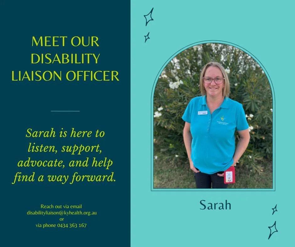 A promotional flyer introducing Sarah as the Disability Liaison Officer, with a photo of her smiling outdoors, wearing a blue polo shirt, with contact information for reaching out.
