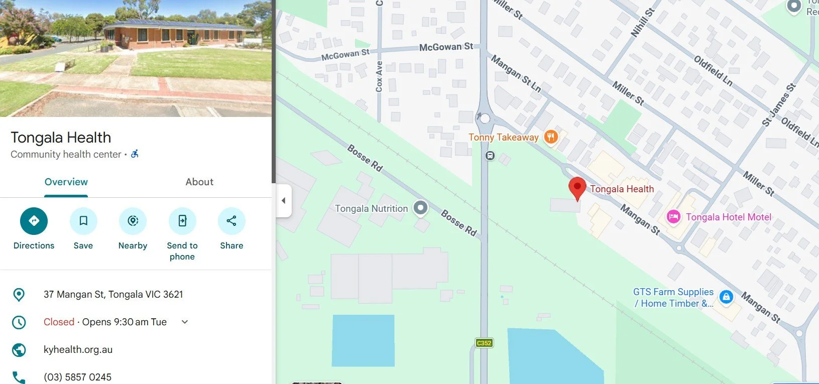 A map view showing the location of Tongala Health, a community health center at 37 Mangan Street, Tongala, Victoria. The map includes nearby streets, a pharmacy, a hotel, and farm supplies store.