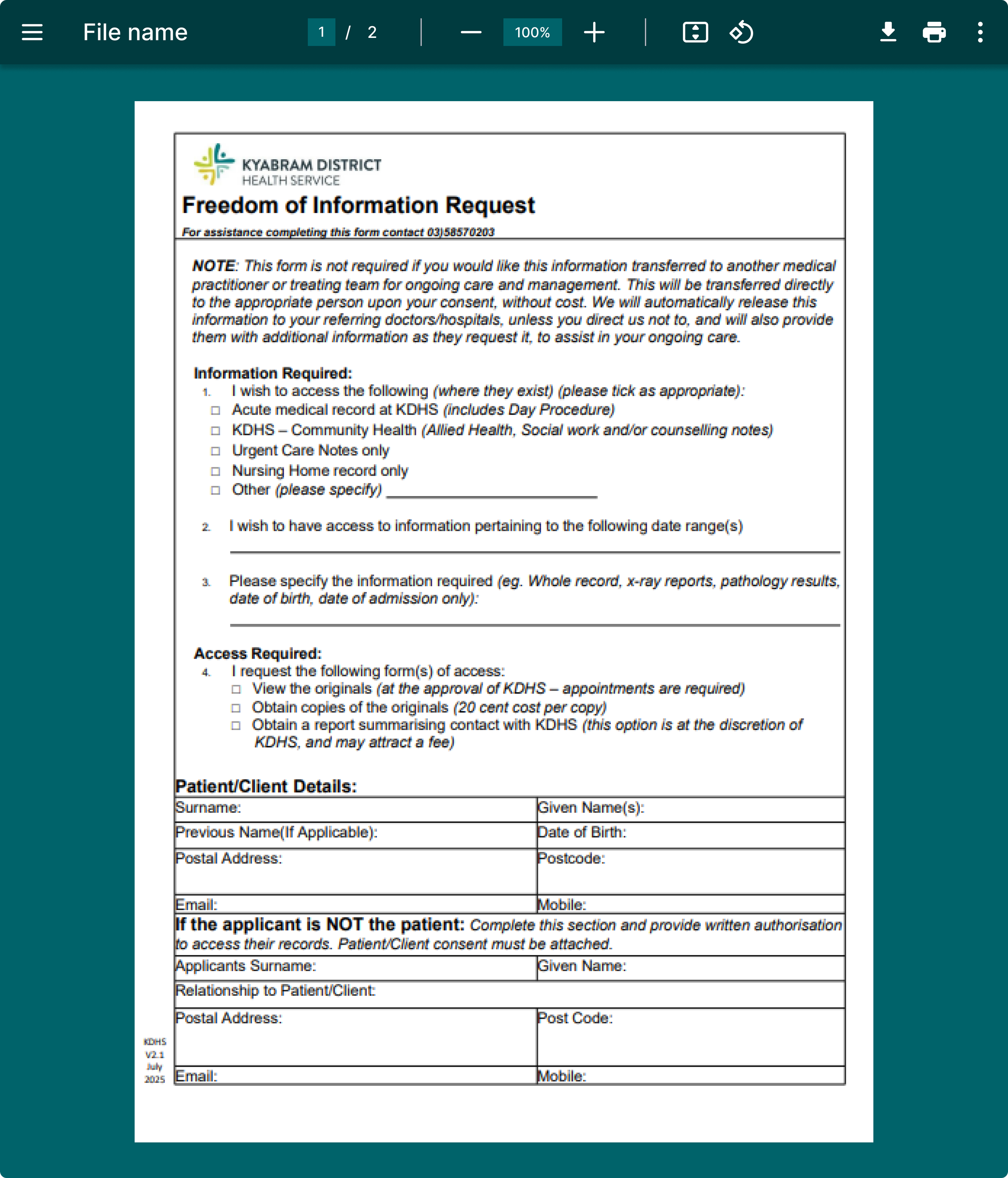 A screenshot of a digital form titled 'Freedom of Information Request' from Kyabram District Health Service, with sections for personal details and access request options.