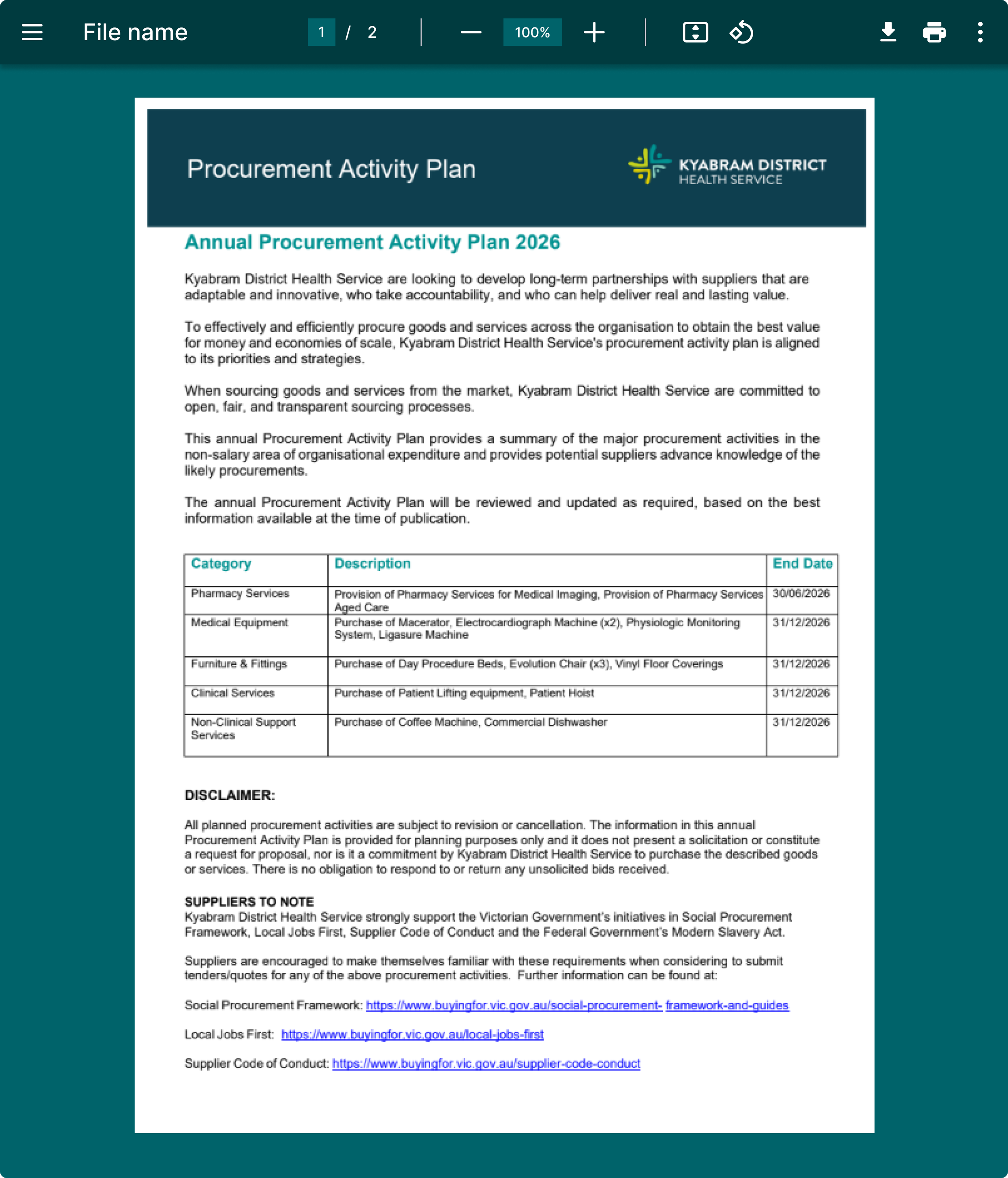 A digital document titled "Procurement Activity Plan" from Kyabram District Health Service, detailing annual procurement activities for 2026 including categories, descriptions, and end dates, with links to social procurement frameworks and guidelines.