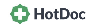 HotDoc logo featuring a green shield with a white medical cross and the company name in black text