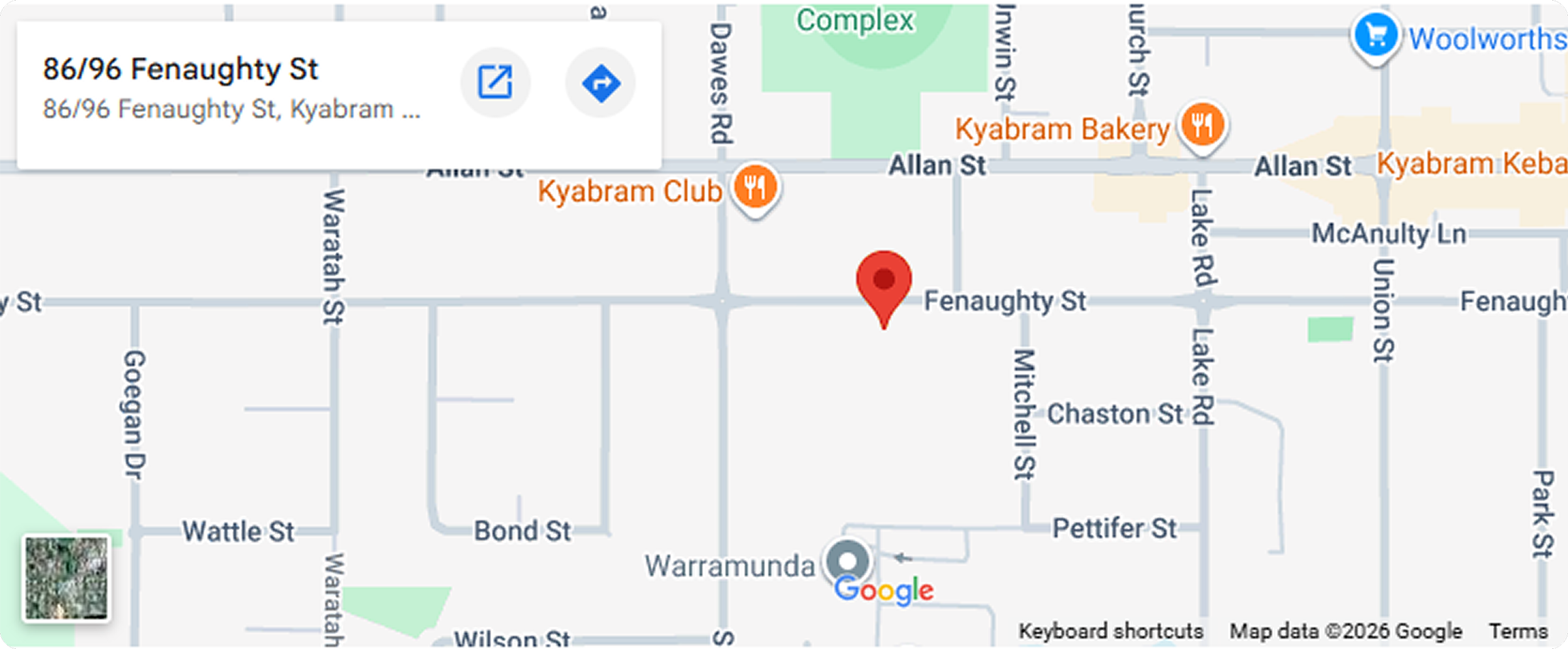 Map showing the location at 86/96 Fenaughty Street, Kyabram, with nearby streets and landmarks, including Kyabram Bakery, Kyabram Club, and Woolworths.
