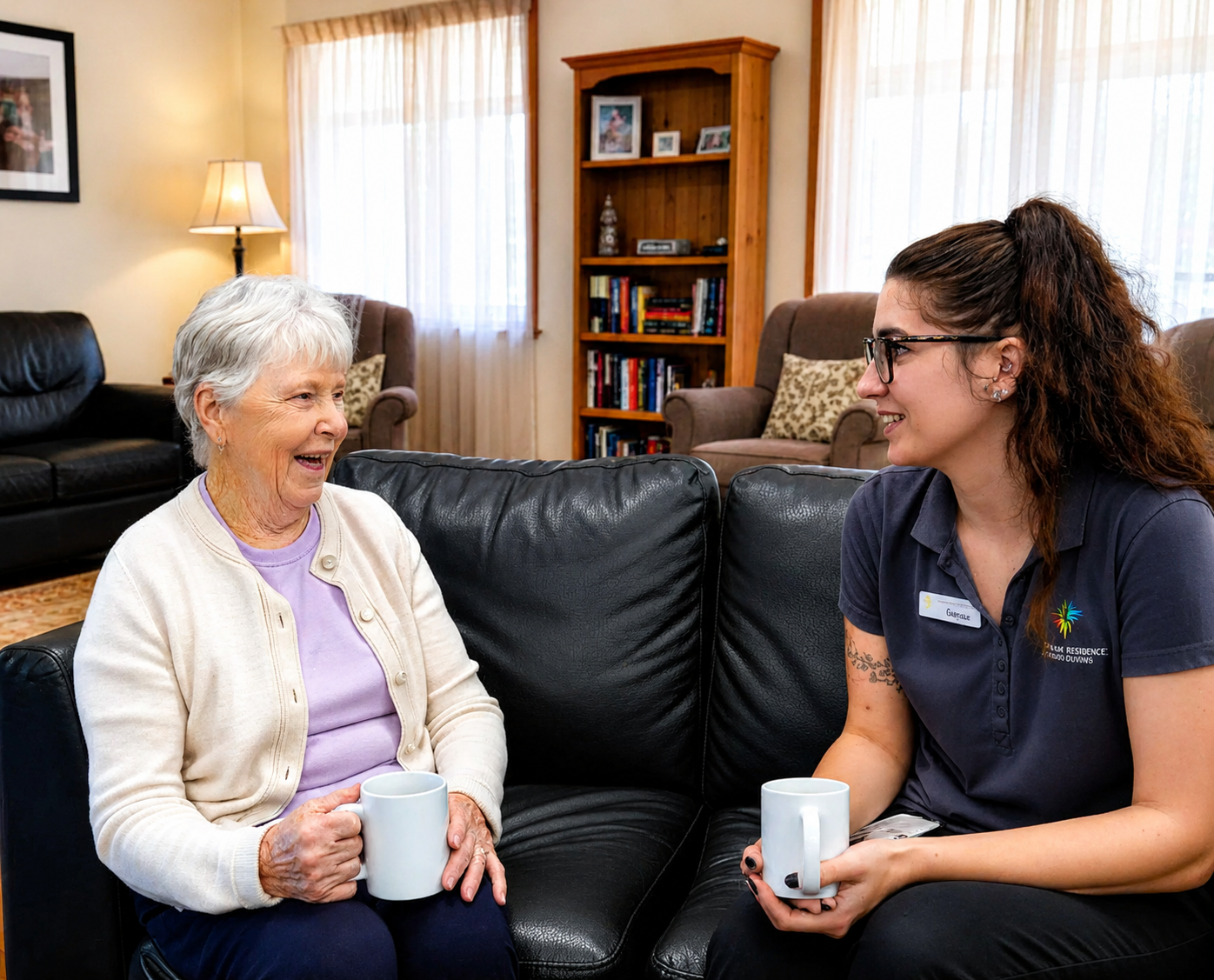 An elderly woman and a younger woman sitting on a black leather couch, engaged in conversation, each holding a white mug, in a cozy living room with bookshelves and windows with sheer curtains.