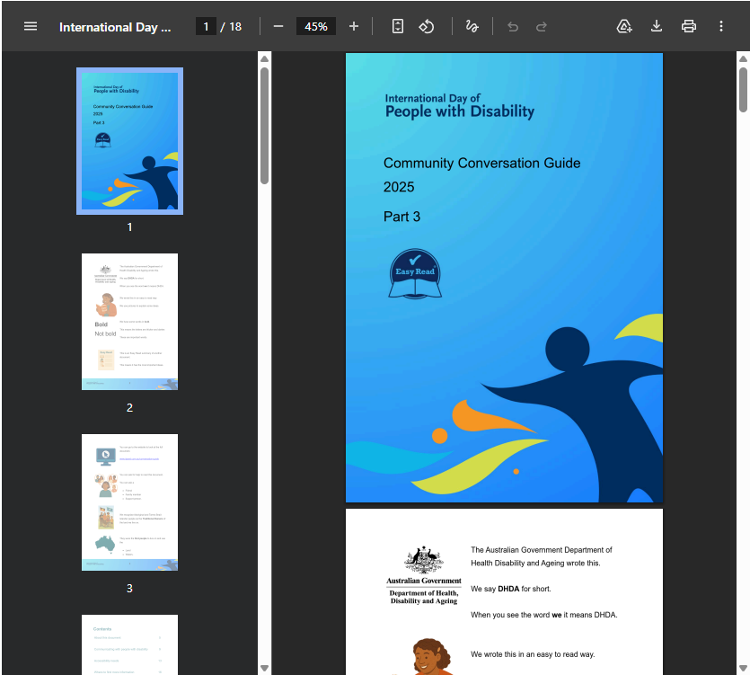Cover page of the Community Conversation Guide for International Day of People with Disability 2025, Part 3, featuring a blue background with stylized illustration of a person reaching out, and a logo of Easy Read.