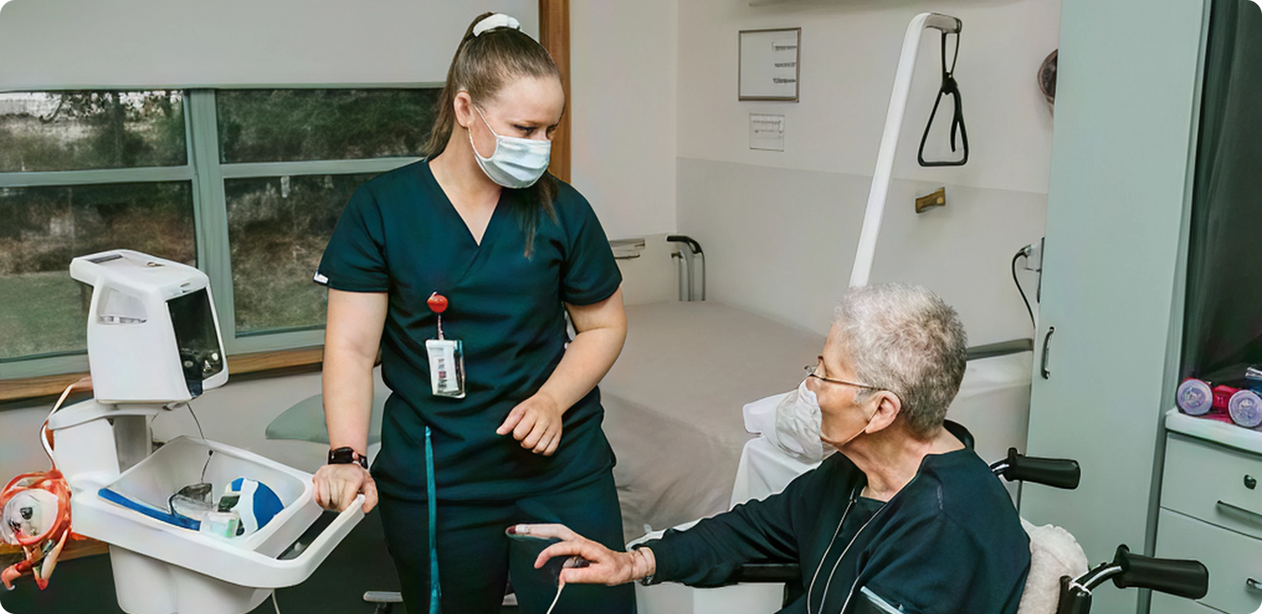 A nurse talking to an elderly woman in a hospital room.