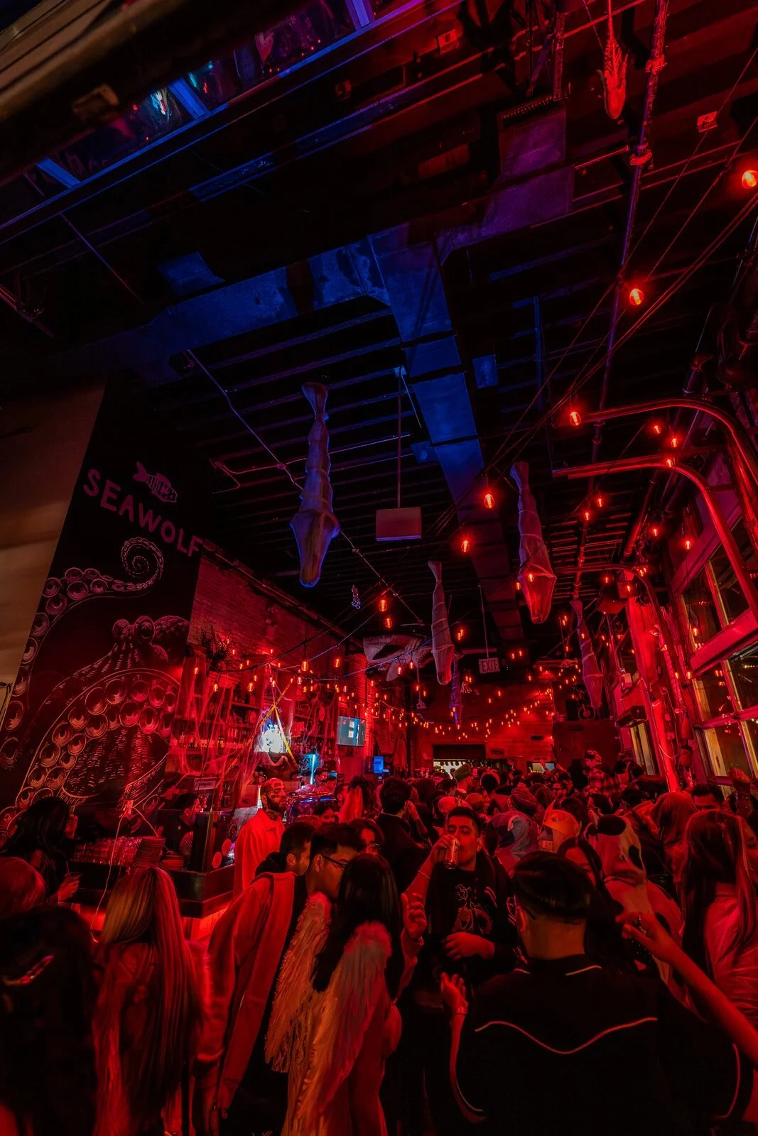 Crowd under red and blue lights, seen from the back of the room at Sea Wolf in Bushwick, Brooklyn